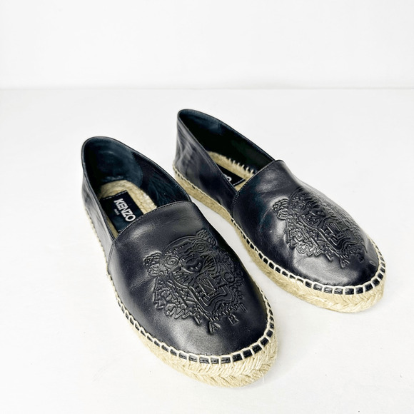 Kenzo Tiger Platform Leather Espadrille Black Noir jute Spain womens 38 8 - Picture 1 of 7